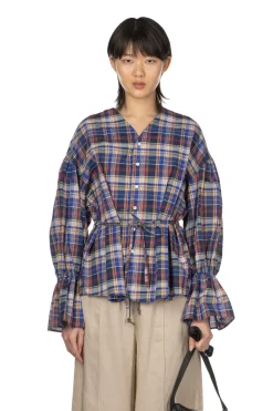 Sale Manon Balloon Sleeve Check Blouse - Blue