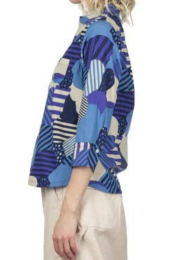 Hot Tigre Brocante Cotton Flower Esprit QT Sleeve Shirt - Blue