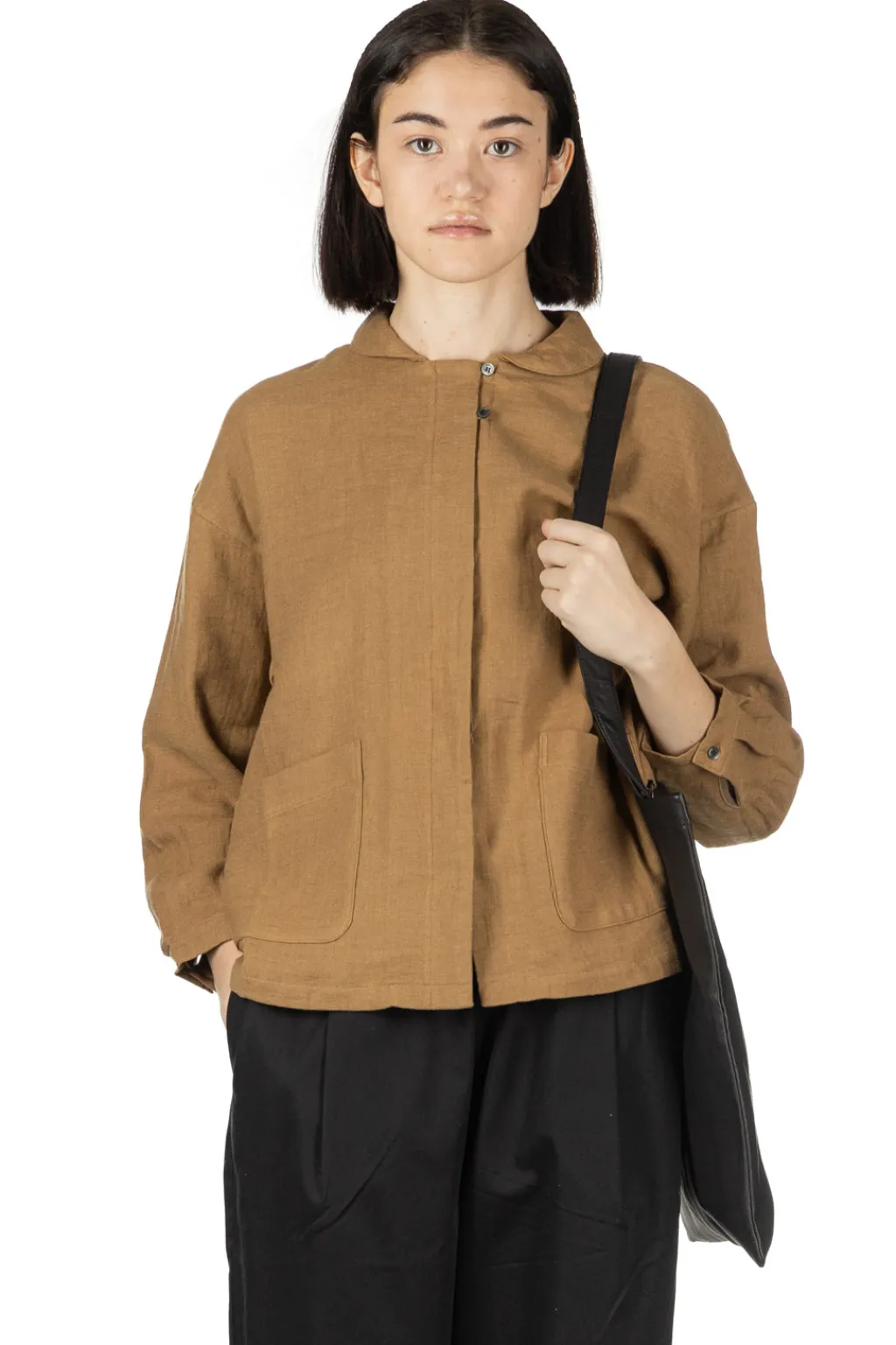 Fashion Nachukara Cotton Linen Double-Woven Round Collar Shirt - Beige