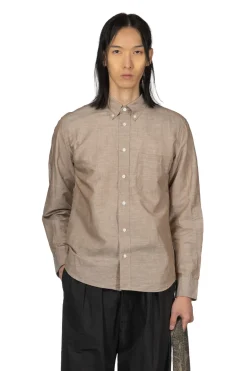 Sale Manual Alphabet Cotton Linen Slub Button Down Shirt - Mocha