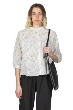 Clearance Nachukara Cotton Polka Dot Band Collar Shirt - White