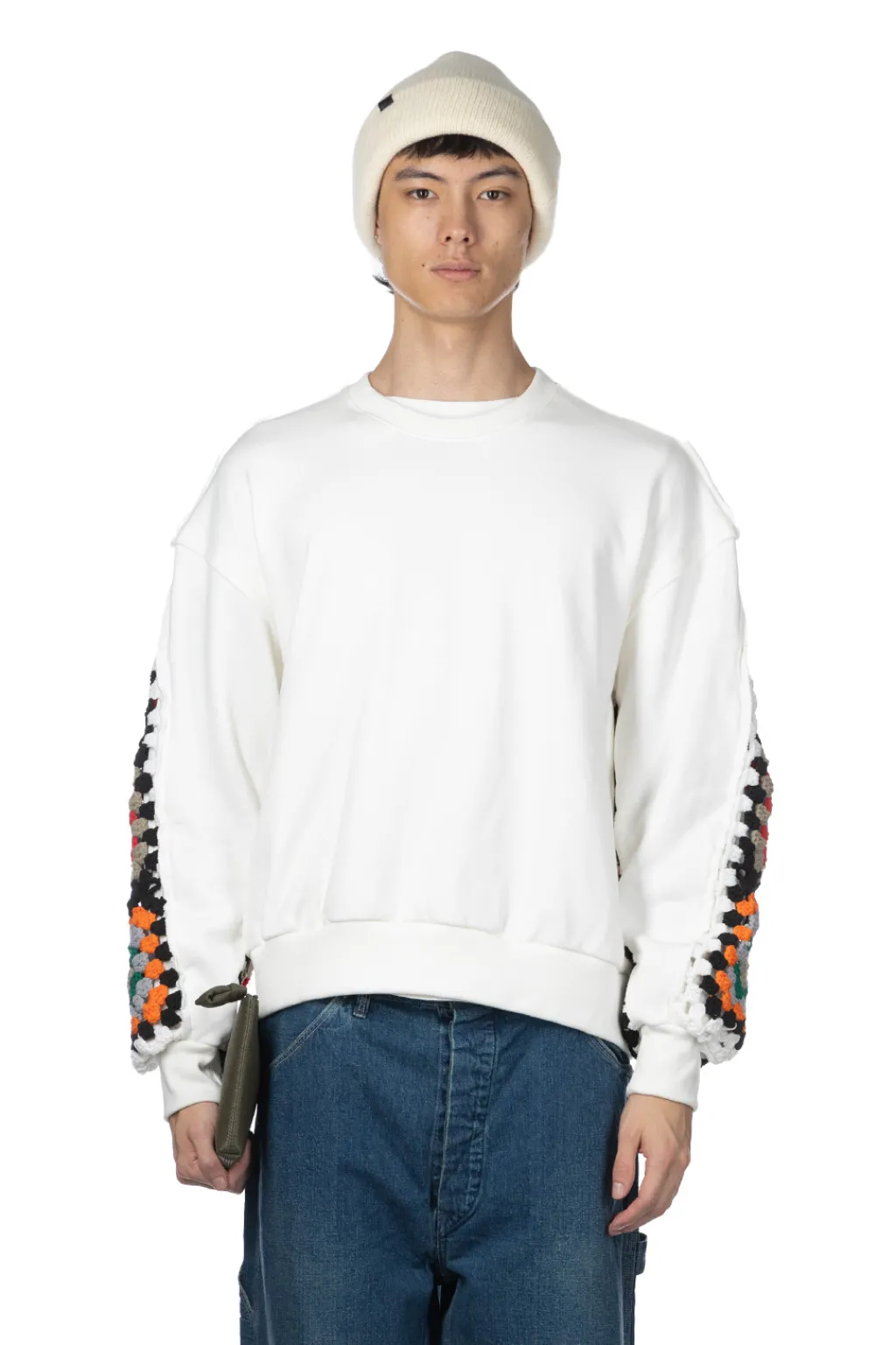 Discount DISCOVERED Crochet Sleeve Sweatshirt - White