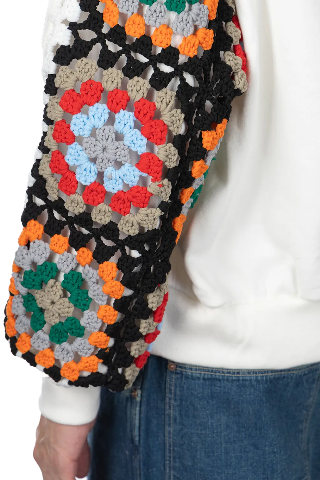 Discount DISCOVERED Crochet Sleeve Sweatshirt - White