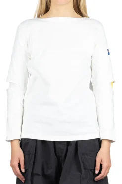 Outlet Kapital 16/- Densed Jersey Elbow-Rip Boatneck Long Sleeve T - White