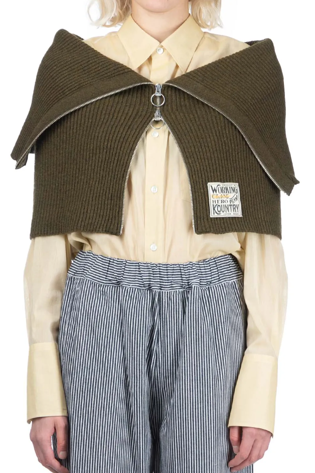 Best Kapital 7G Rib Knit ZIP UP Cape - Khaki