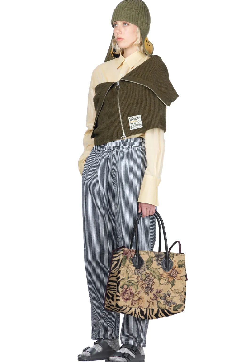 Best Kapital 7G Rib Knit ZIP UP Cape - Khaki