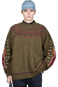 Hot Kapital 5G Wool Elbow VIRGIN MARY Nordic Sweater - Khaki