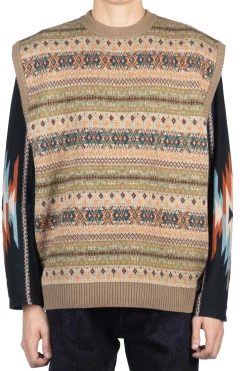 Outlet Kapital 7G Wool FairIsle BONE Vest - Orange