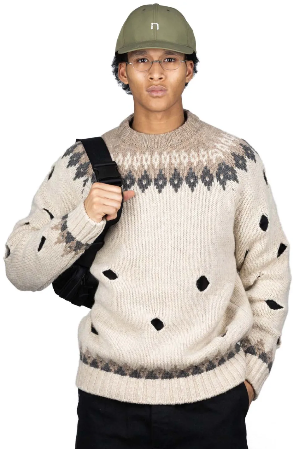 Online Kapital 3G Wool NORDIC Hole Punch Raglan Crew Sweater - Natural