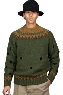 Hot Kapital 3G Wool NORDIC Hole Punch Raglan Crew Sweater - Khaki