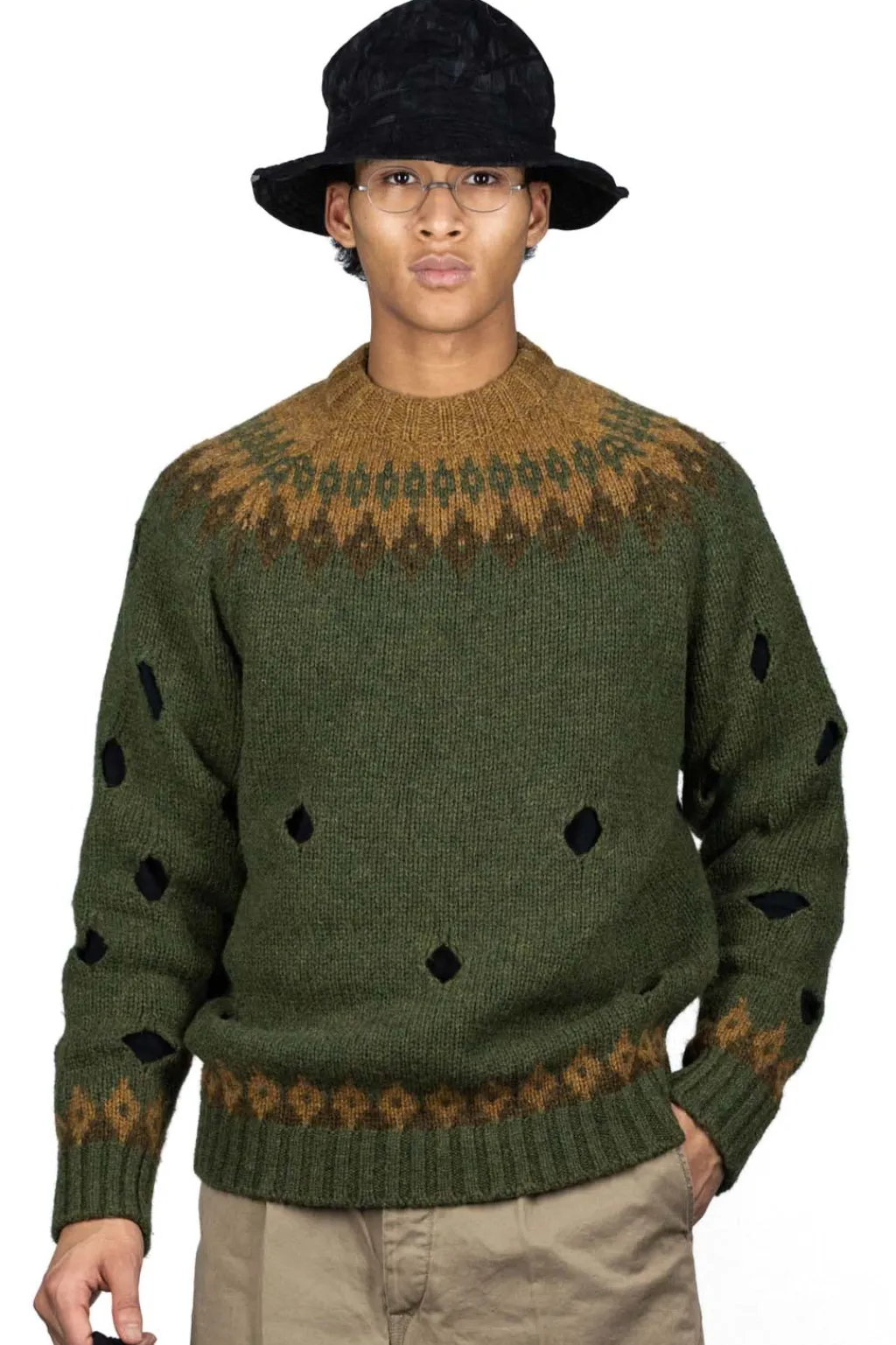 Hot Kapital 3G Wool NORDIC Hole Punch Raglan Crew Sweater - Khaki