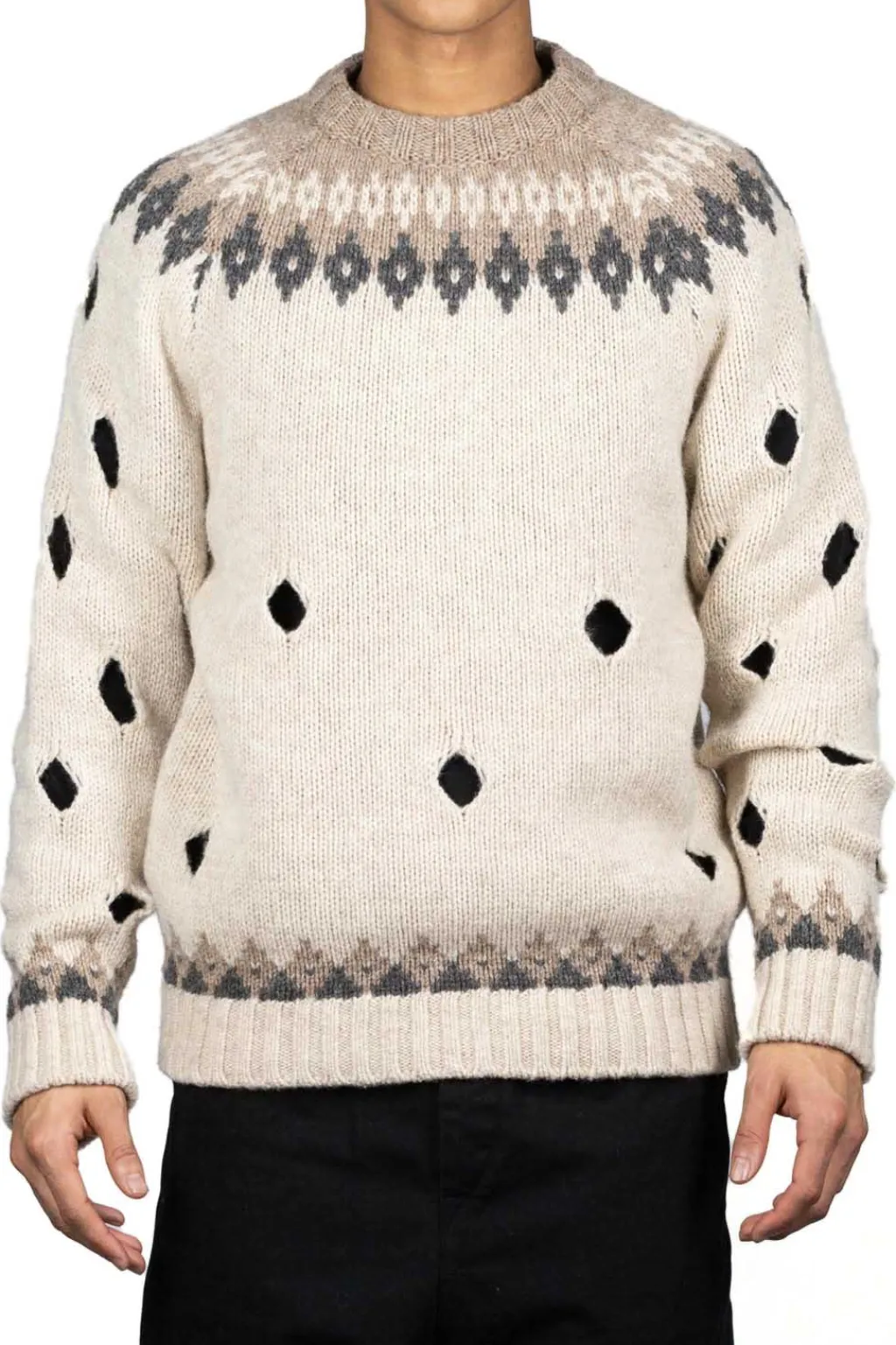 Online Kapital 3G Wool NORDIC Hole Punch Raglan Crew Sweater - Natural