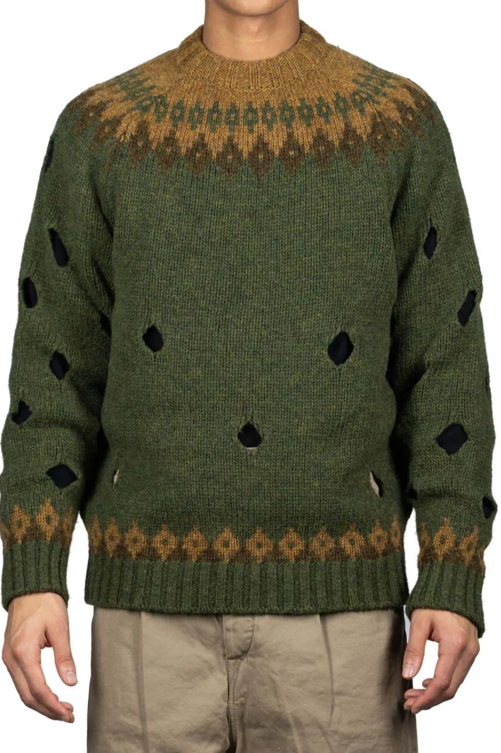 Hot Kapital 3G Wool NORDIC Hole Punch Raglan Crew Sweater - Khaki