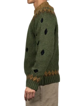 Hot Kapital 3G Wool NORDIC Hole Punch Raglan Crew Sweater - Khaki