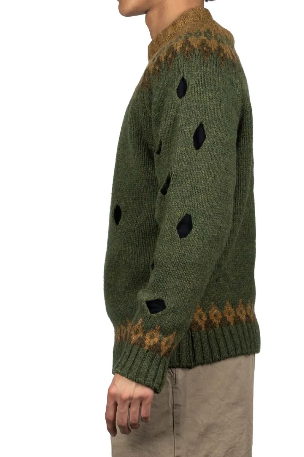 Hot Kapital 3G Wool NORDIC Hole Punch Raglan Crew Sweater - Khaki