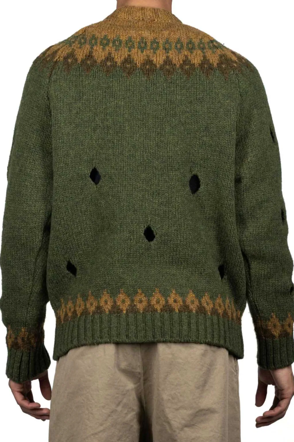 Hot Kapital 3G Wool NORDIC Hole Punch Raglan Crew Sweater - Khaki