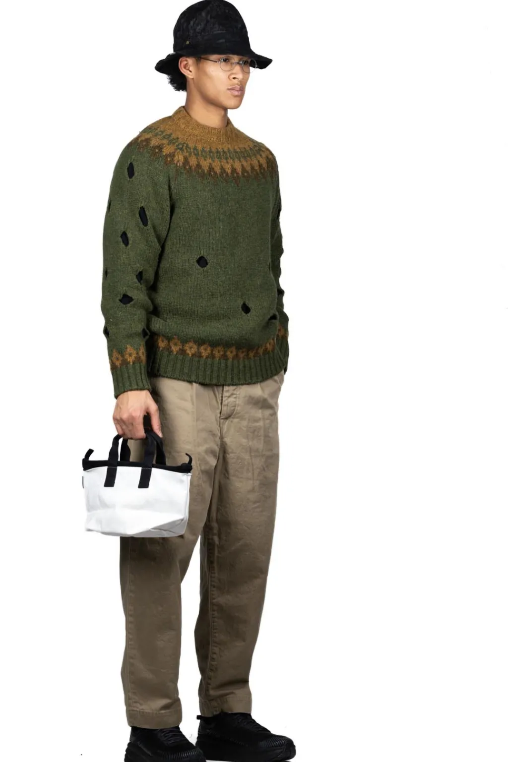 Hot Kapital 3G Wool NORDIC Hole Punch Raglan Crew Sweater - Khaki