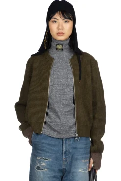 Clearance Kapital 8G Wool Rib Knit Zip Short Cardigan - Khaki