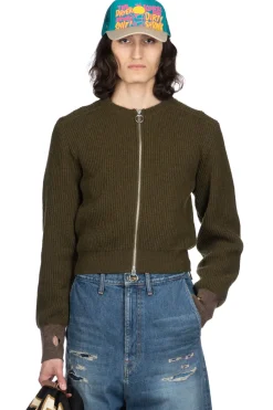 Outlet Kapital 8G Wool Rib Knit Zip Short Cardigan - Khaki