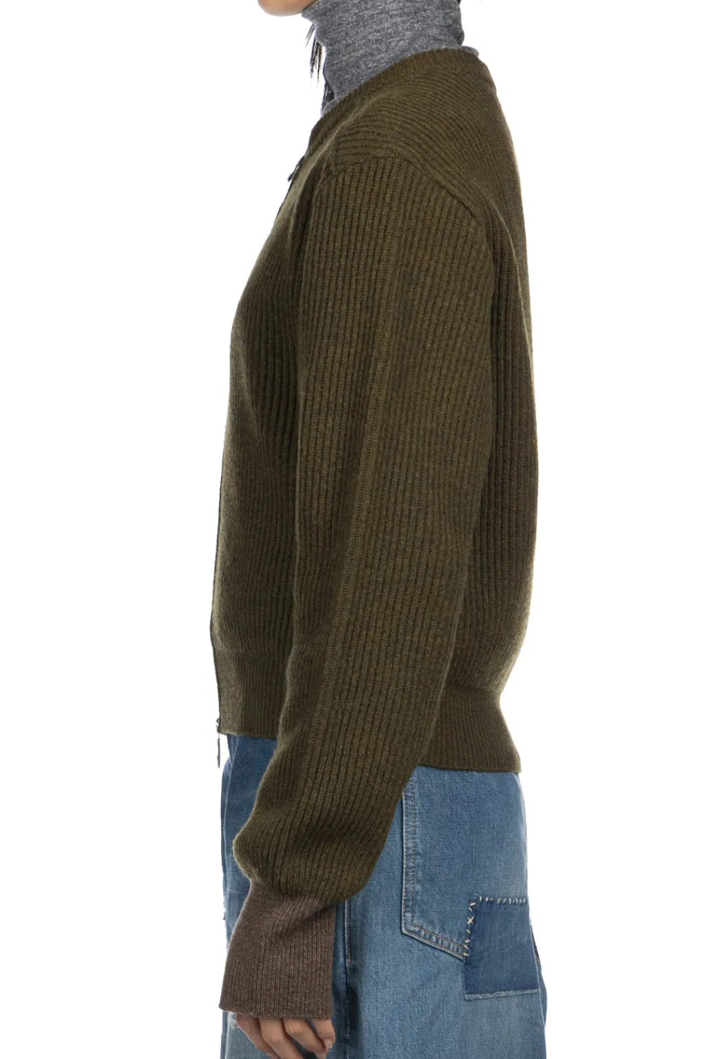 Clearance Kapital 8G Wool Rib Knit Zip Short Cardigan - Khaki