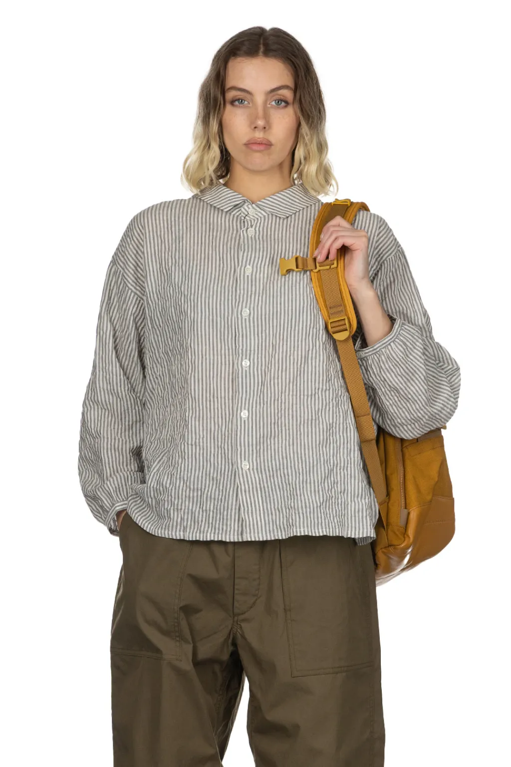 Clearance Nachukara Herringbone Layered Collar 2-Way Blouse - Grey