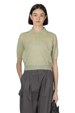 Clearance AURALEE Kid Mohair Sheer Knit Polo - Pale Green