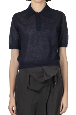 Clearance AURALEE Kid Mohair Sheer Knit Polo - Navy
