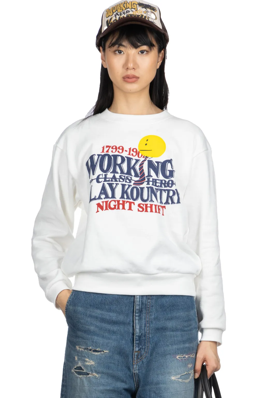 Discount Kapital 30-Knit Crew Sweatshirt (NIGHT SHIFT PROFILE RAINBOWY) - White