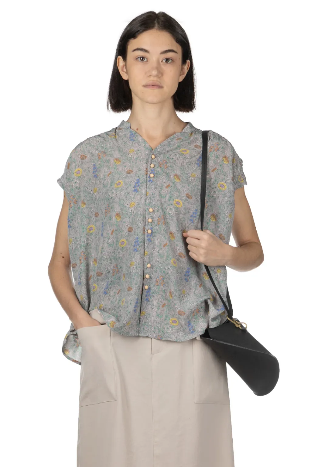 Outlet Manon Liberty Flower V-Neck Shirring Blouse - Grey
