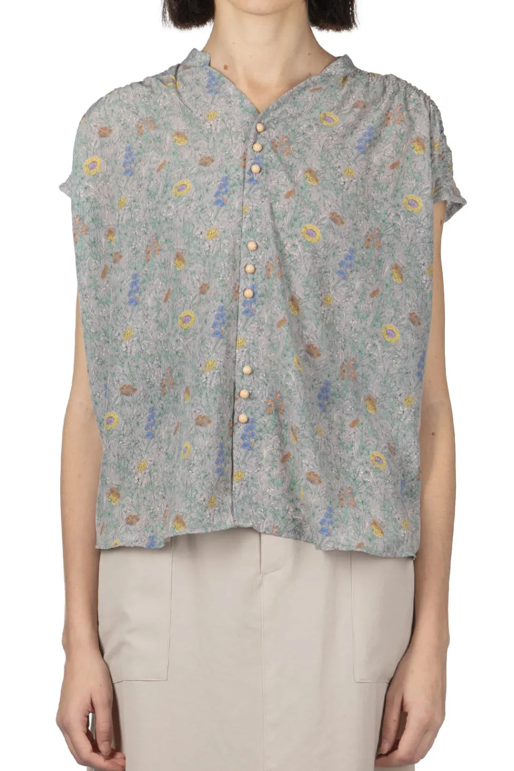 Outlet Manon Liberty Flower V-Neck Shirring Blouse - Grey