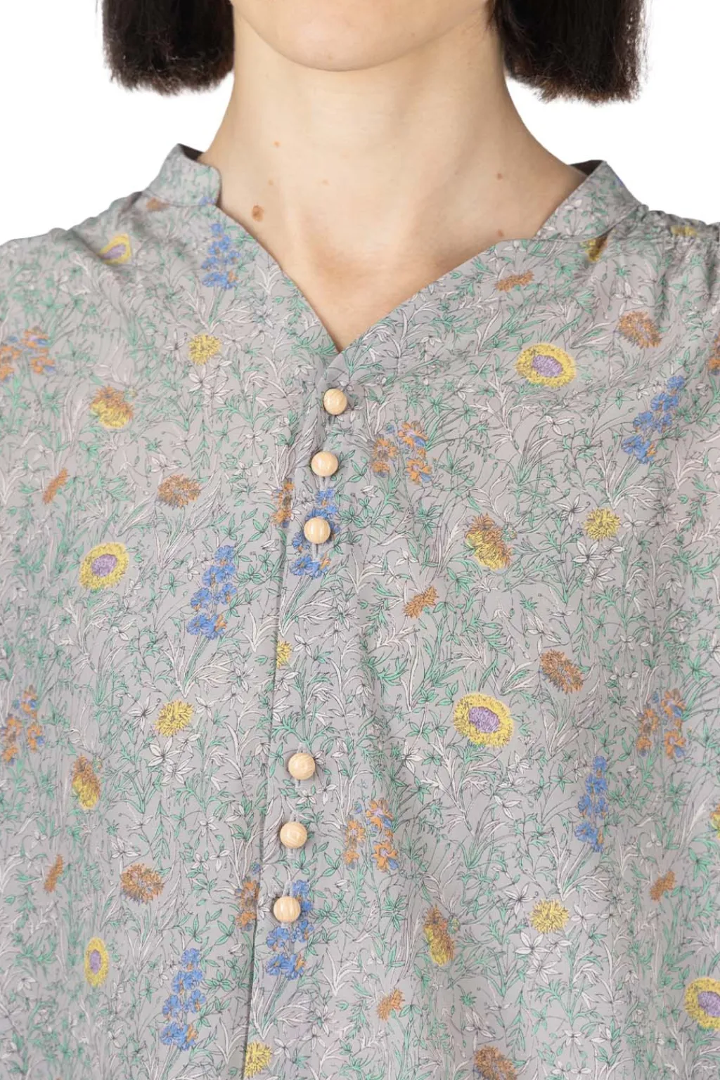 Outlet Manon Liberty Flower V-Neck Shirring Blouse - Grey