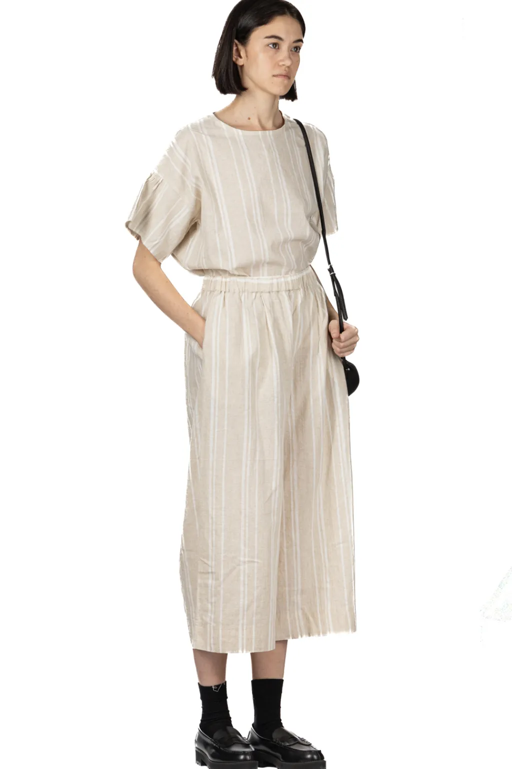 Best Nachukara Linen Cotton Check Gather Pants - Natural Stripe