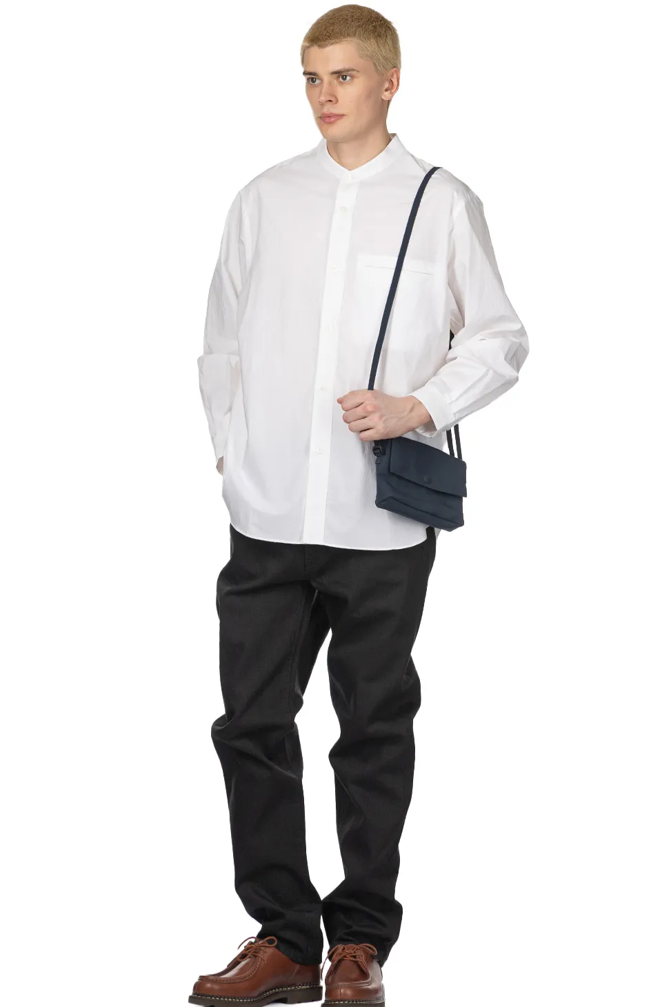 Best Still by Hand Linen Mixed Band Collar Shirt - White