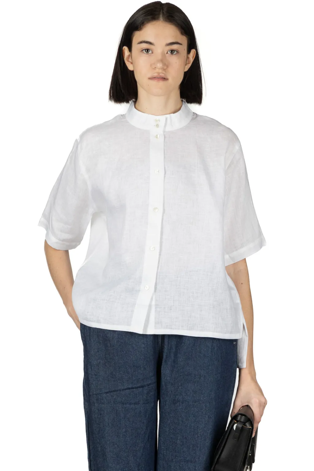 Discount Nachukara Linen Stand Collar Shirt - White