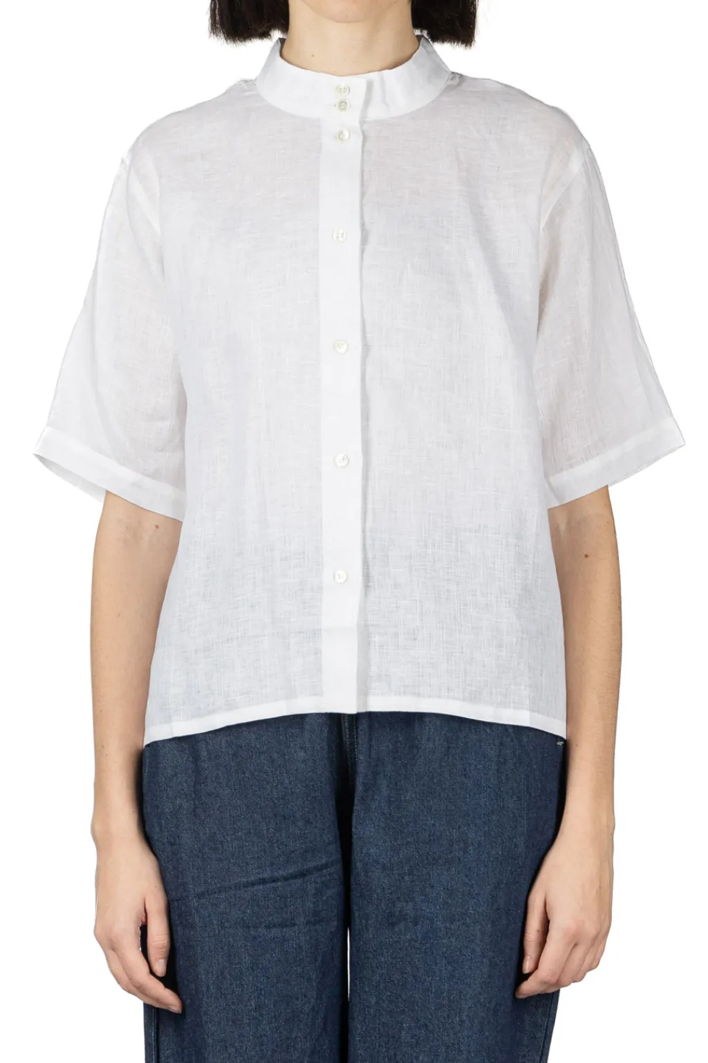Discount Nachukara Linen Stand Collar Shirt - White