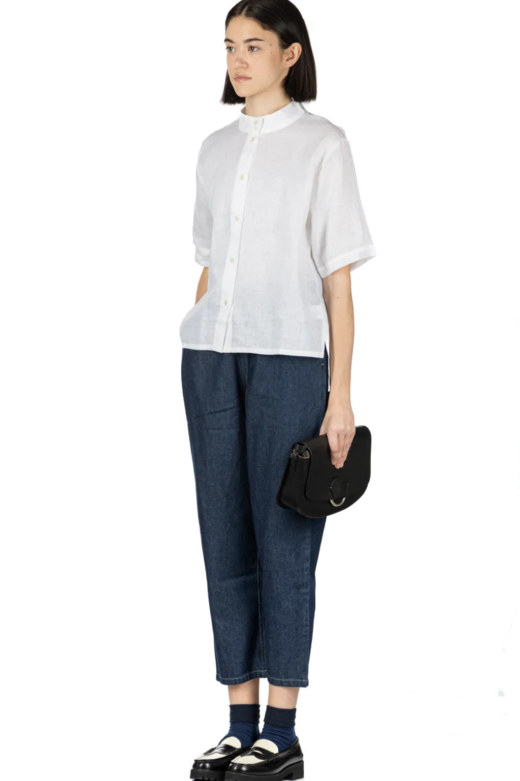 Discount Nachukara Linen Stand Collar Shirt - White