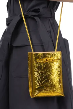 Fashion MARROW LEATHER Metallic String Pouch - Yellow Gold