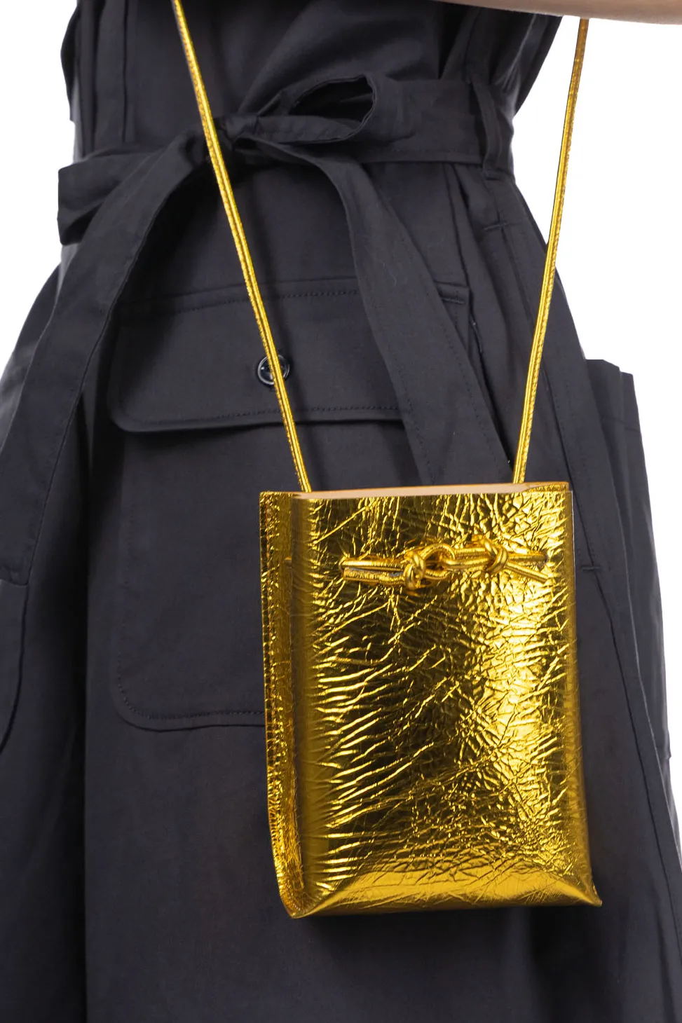 Fashion MARROW LEATHER Metallic String Pouch - Yellow Gold