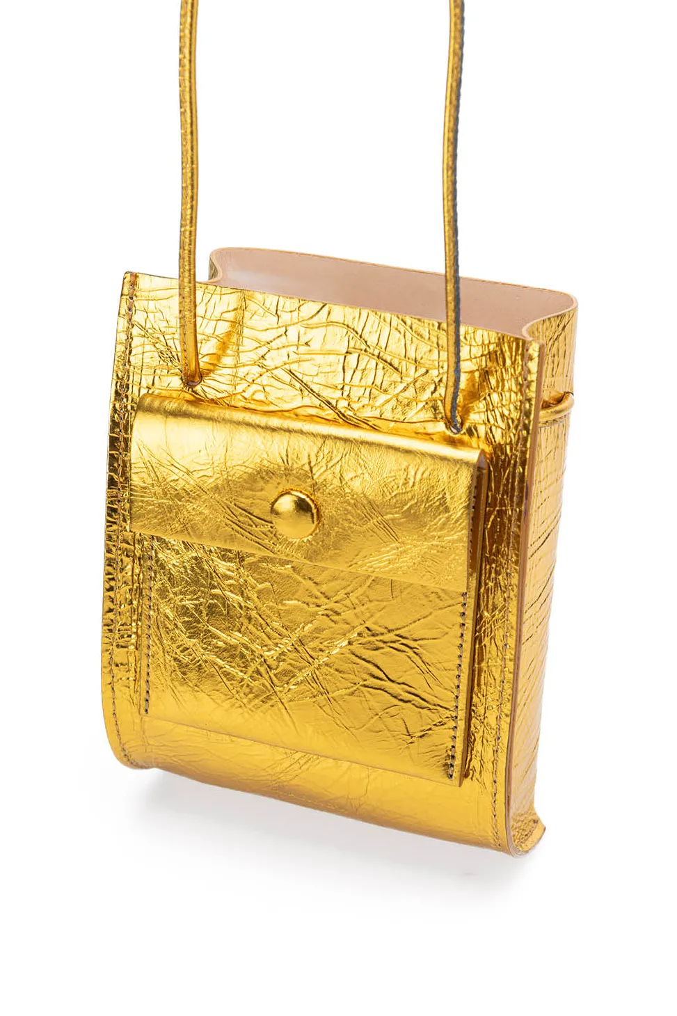 Fashion MARROW LEATHER Metallic String Pouch - Yellow Gold