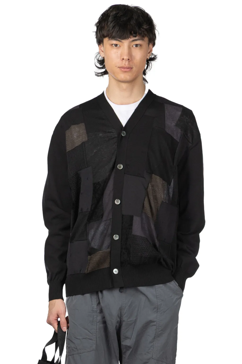 New Junya Watanabe MAN Multi Fabrics Mix Intarsia Pattern Cardigan - Black