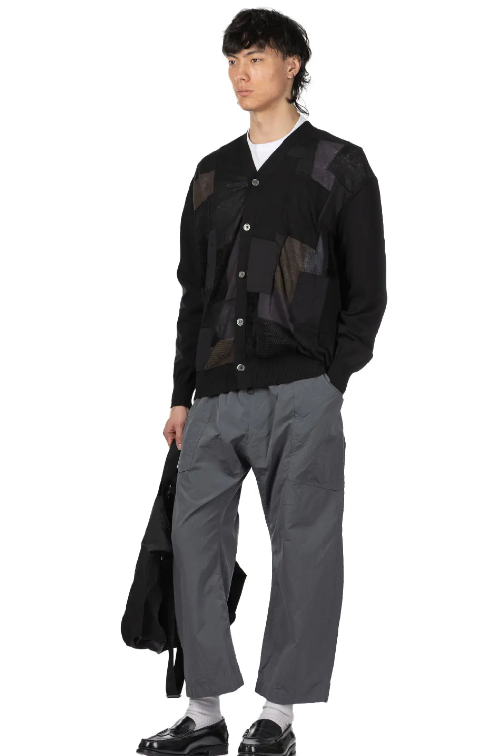 New Junya Watanabe MAN Multi Fabrics Mix Intarsia Pattern Cardigan - Black