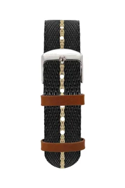Best KUOE Watch Nylon Strap - Black x Beige - Silver Buckle - 20mm