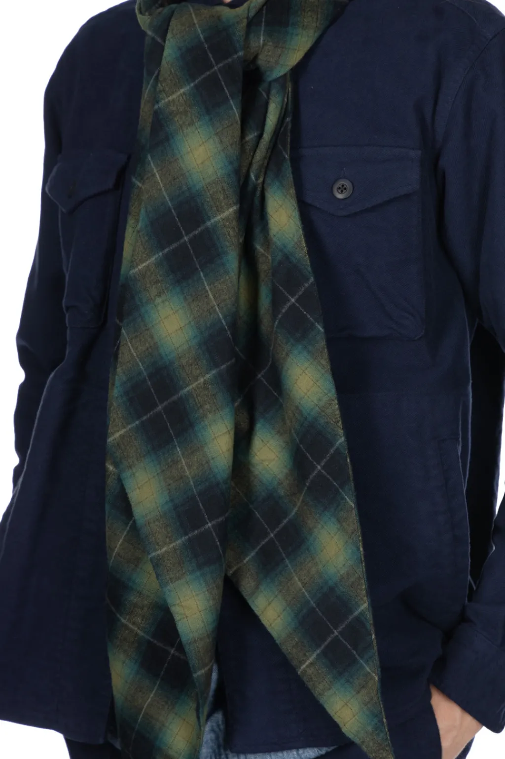 New ts(s) Ombre Plaid Cotton Flannel Cloth Bias Cut Scarf-Navy