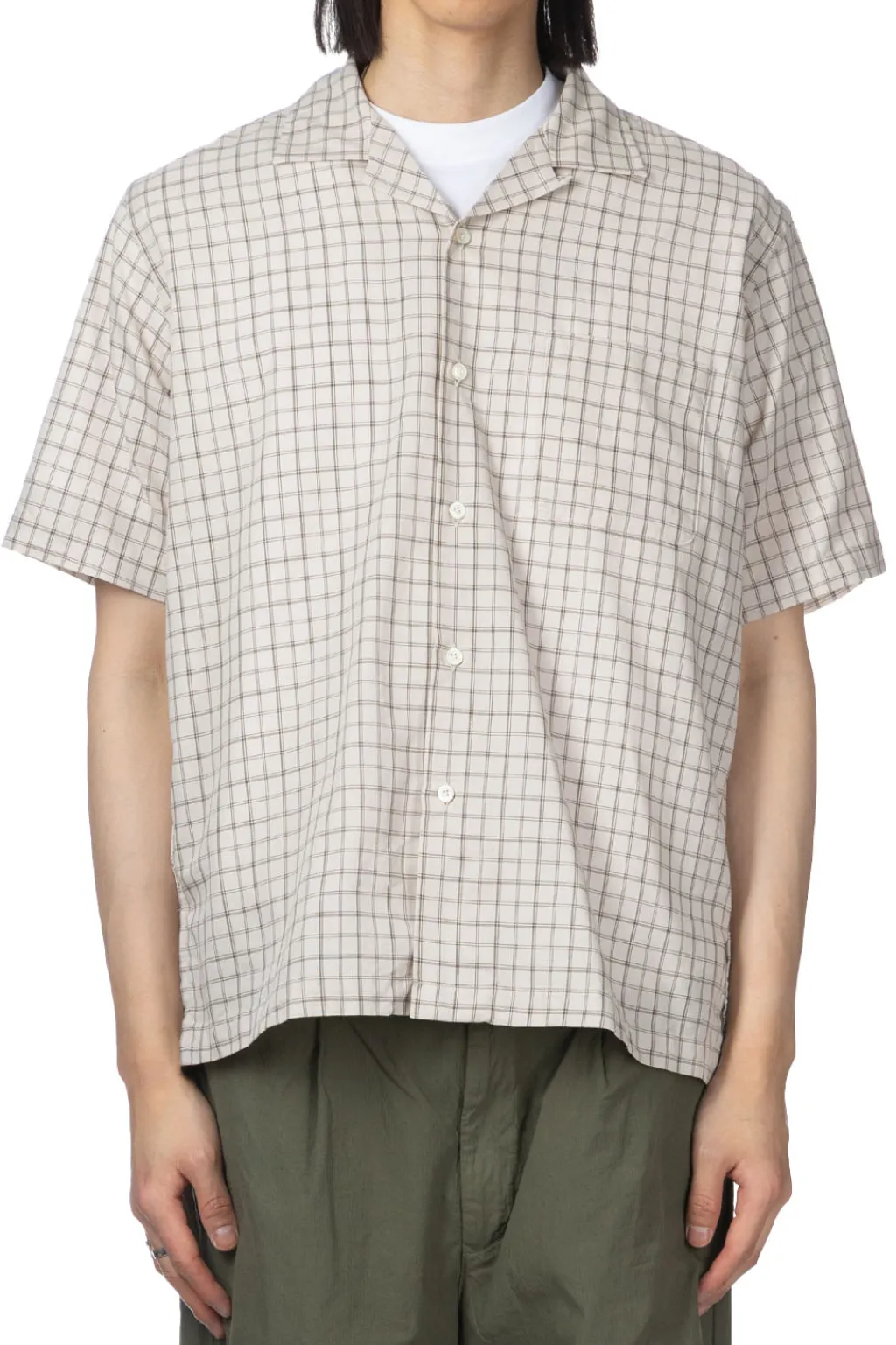 New Nanamica Open Collar Panama Plaid SS Shirt - Beige