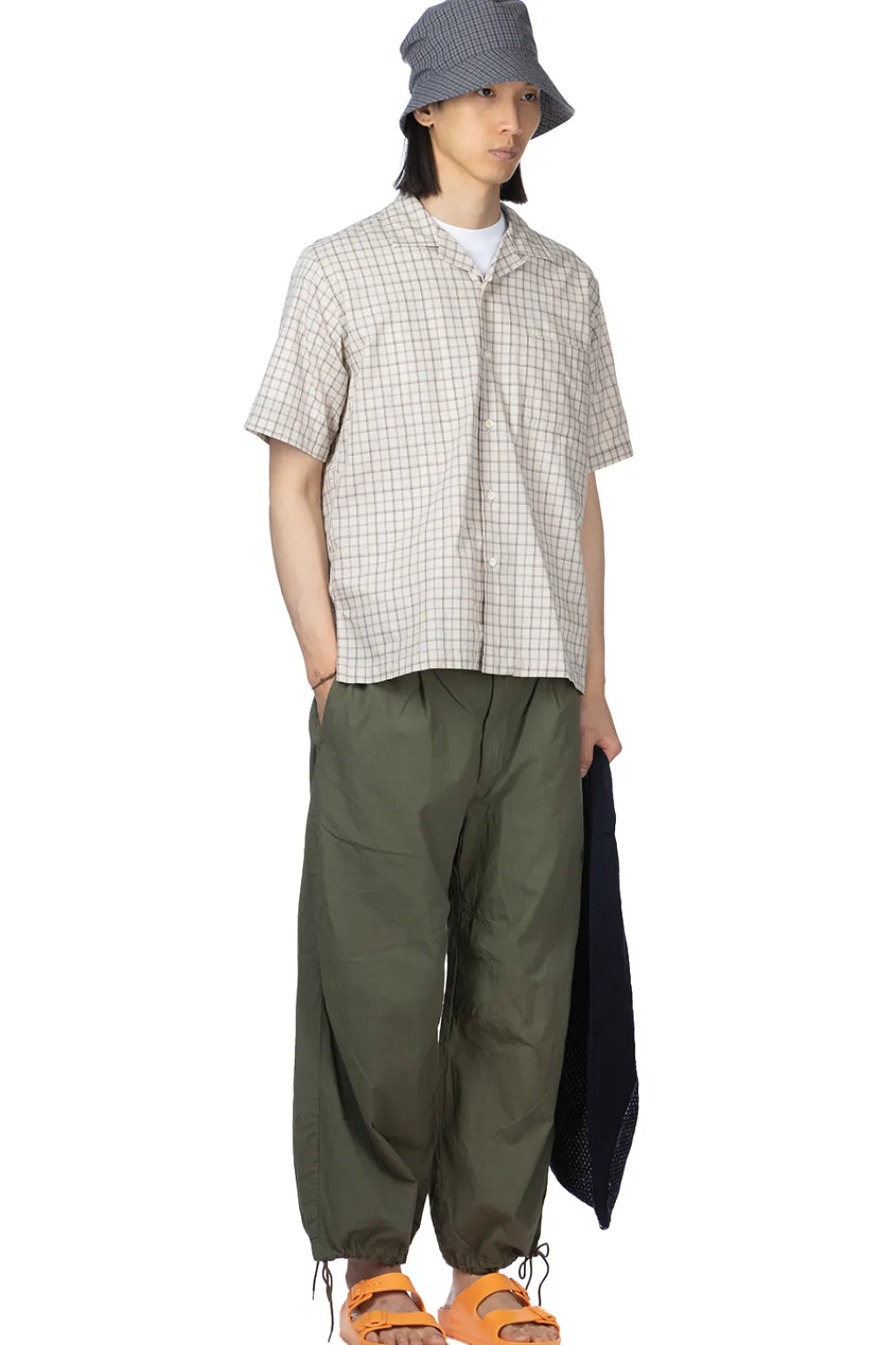 New Nanamica Open Collar Panama Plaid SS Shirt - Beige