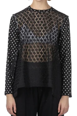 Clearance Comme Des Garcons TAO Organdy Embroidered Jersey Dot Print LS Top Black x Black