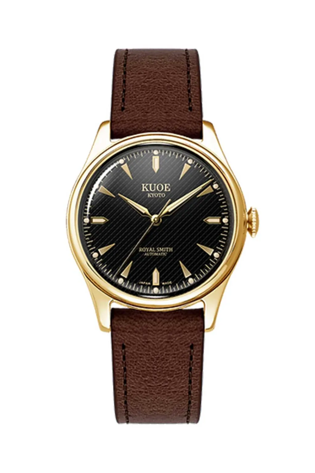 Clearance KUOE Watch ROYAL SMITH 90-006 - Gold Case Black Dial - D.Brown Leather Band