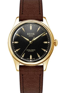 Clearance KUOE Watch ROYAL SMITH 90-006 - Gold Case Black Dial - D.Brown Leather Band