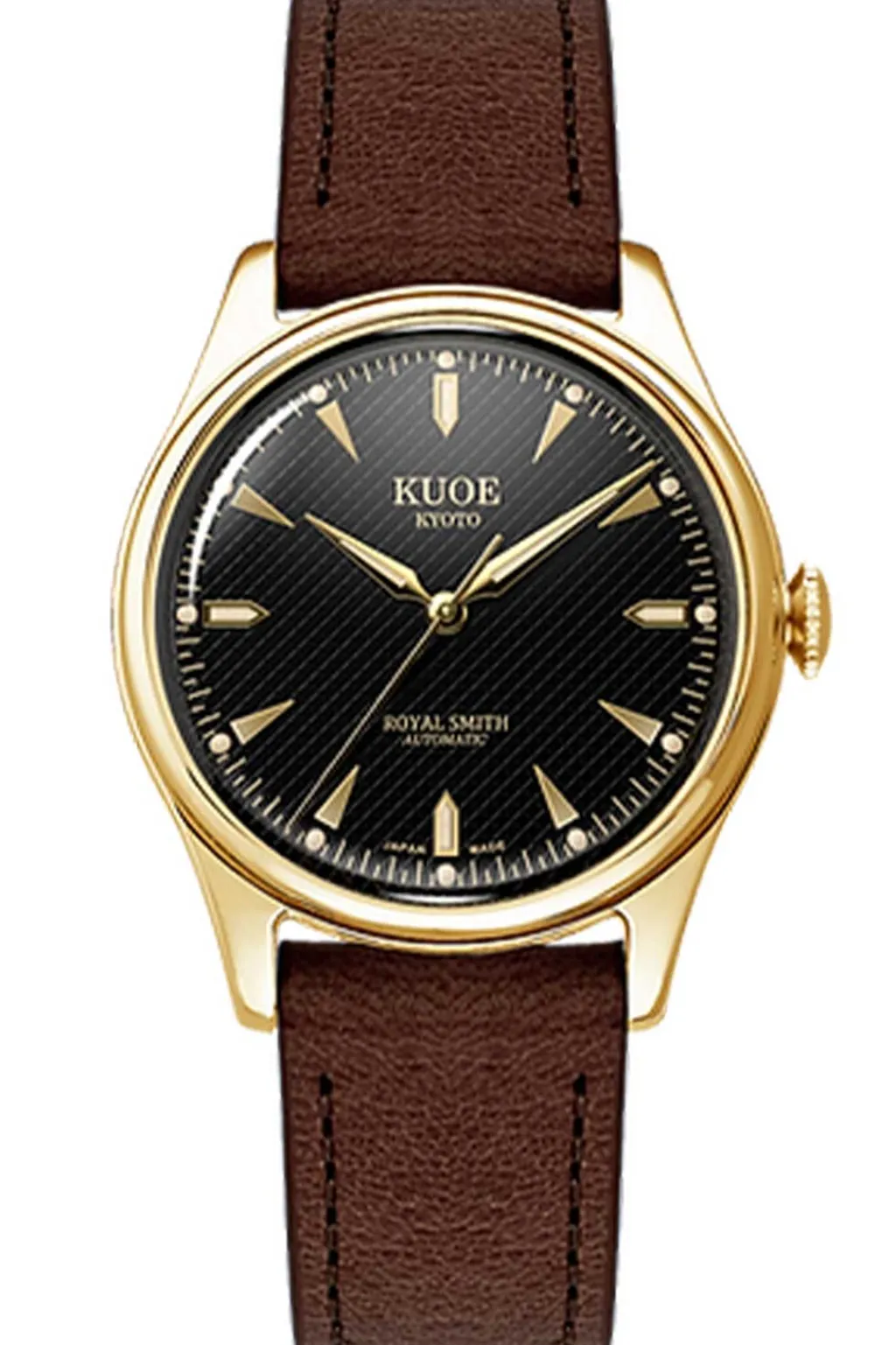 Clearance KUOE Watch ROYAL SMITH 90-006 - Gold Case Black Dial - D.Brown Leather Band