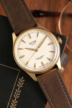 Hot KUOE Watch ROYAL SMITH 90-006 - Gold Case Ivory Dial - D.Brown Leather Band